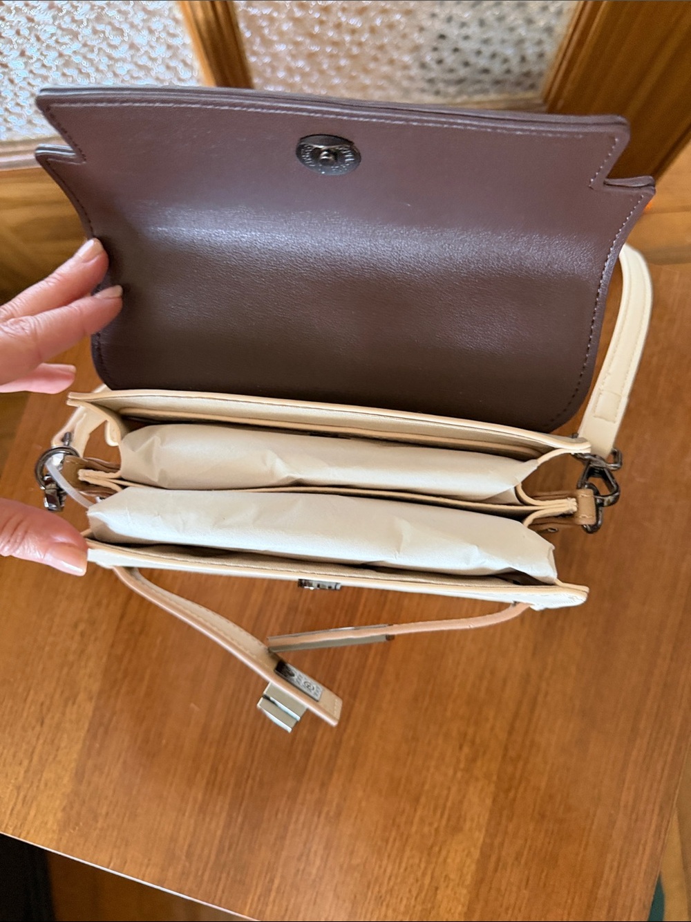 NWT Steve Madden Tricolor Top-Handle Satchel - Cream, Brown & Tan - Picture 3 of 3